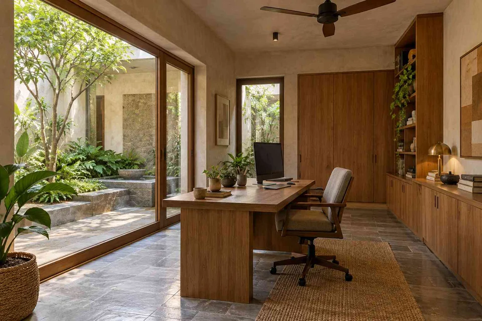 AI-generated home office concept: courtyard home office, courtyard modern direction