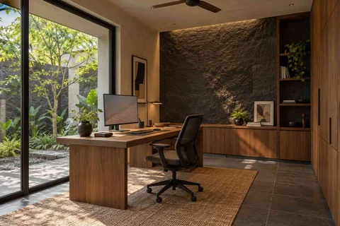 AI-generated home office concept: courtyard home office, deccan stone direction