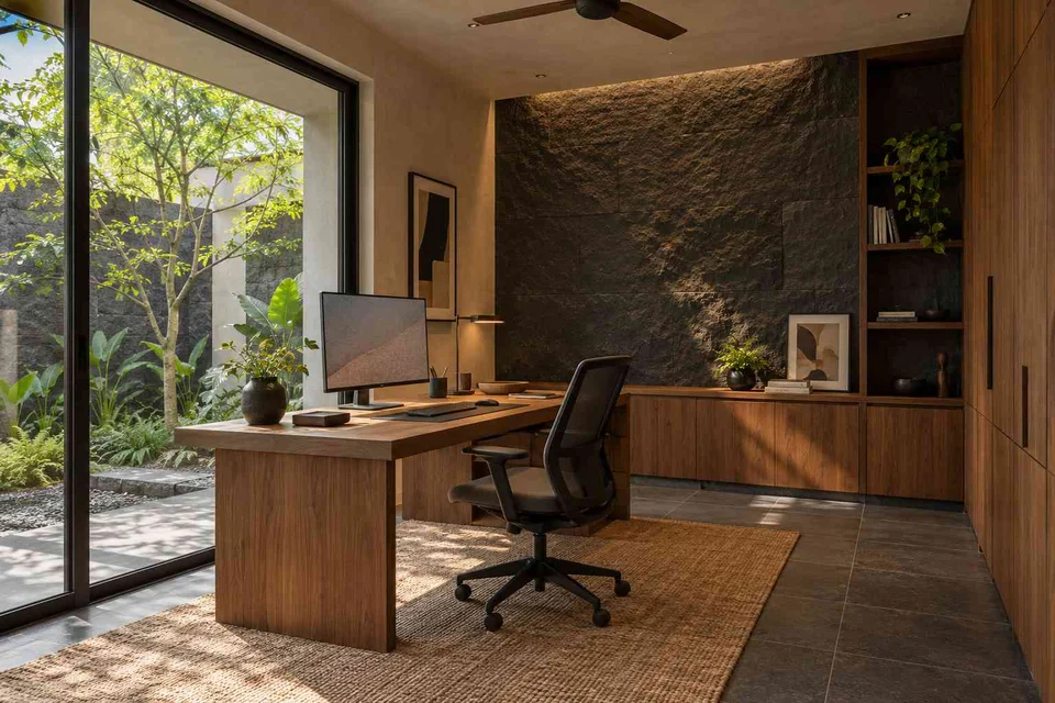 AI-generated home office concept: courtyard home office, deccan stone direction
