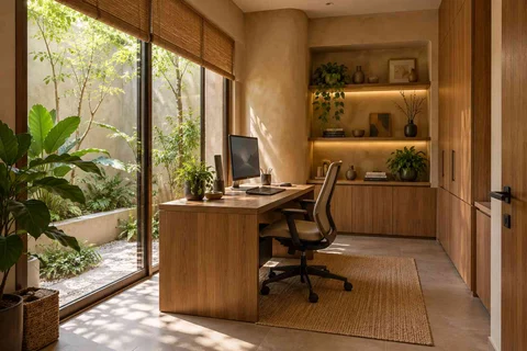 AI-generated home office concept: courtyard home office, earth and bamboo direction