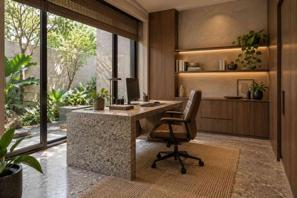 AI-generated home office concept: courtyard home office, granite precision direction