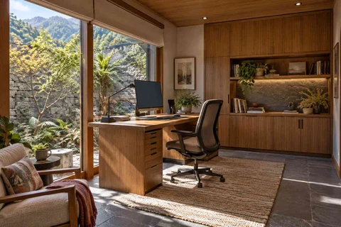 AI-generated home office concept: courtyard home office, hill timber direction