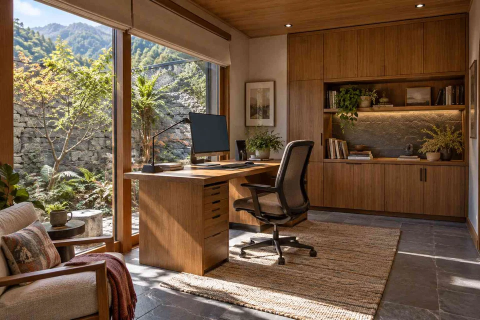 AI-generated home office concept: courtyard home office, hill timber direction