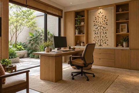 AI-generated home office concept: courtyard home office, inlay atelier direction