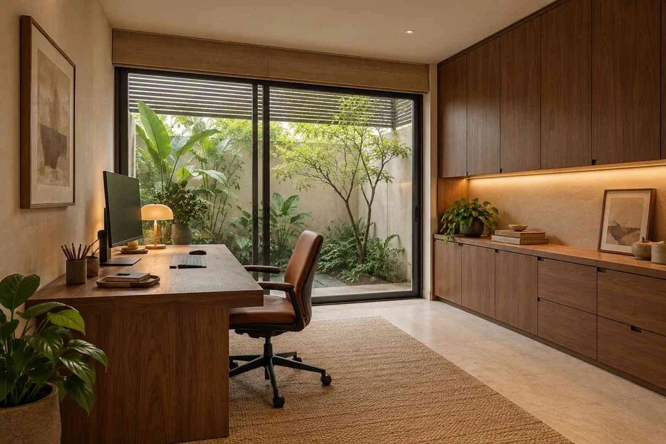 AI-generated home office concept: courtyard home office, lime and walnut direction