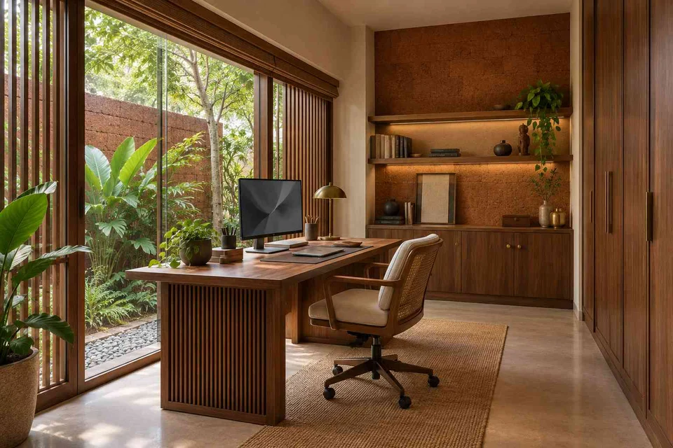 AI-generated home office concept: courtyard home office, malabar timber direction