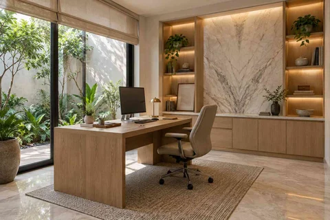 AI-generated home office concept: courtyard home office, marble restraint direction