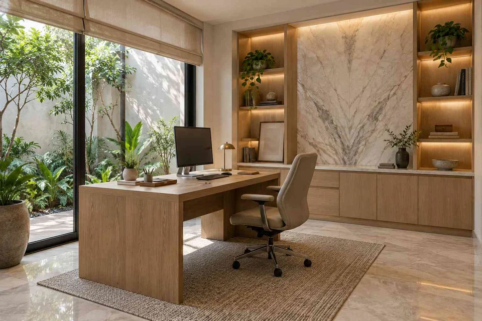 AI-generated home office concept: courtyard home office, marble restraint direction