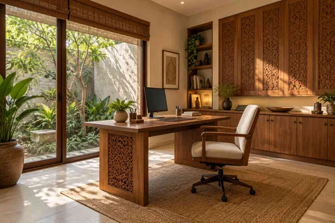 AI-generated home office concept: courtyard home office, modern carved direction