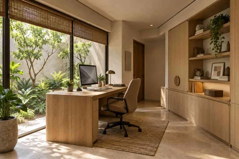AI-generated home office concept: courtyard home office, quiet contemporary direction