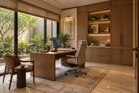 AI-generated home office concept: courtyard home office, quiet transitional direction