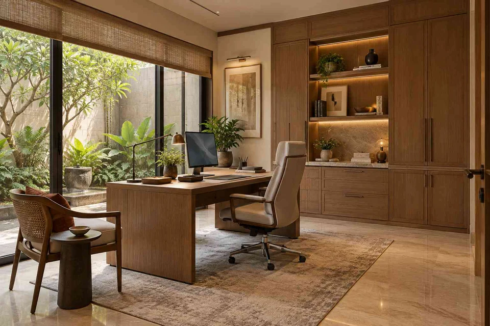 AI-generated home office concept: courtyard home office, quiet transitional direction