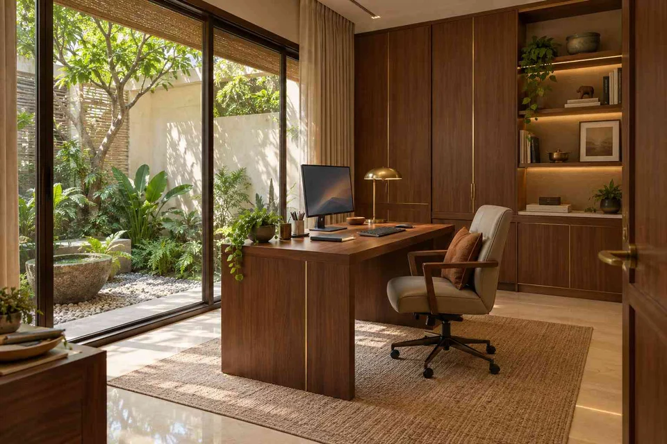 AI-generated home office concept: courtyard home office, rosewood brass direction