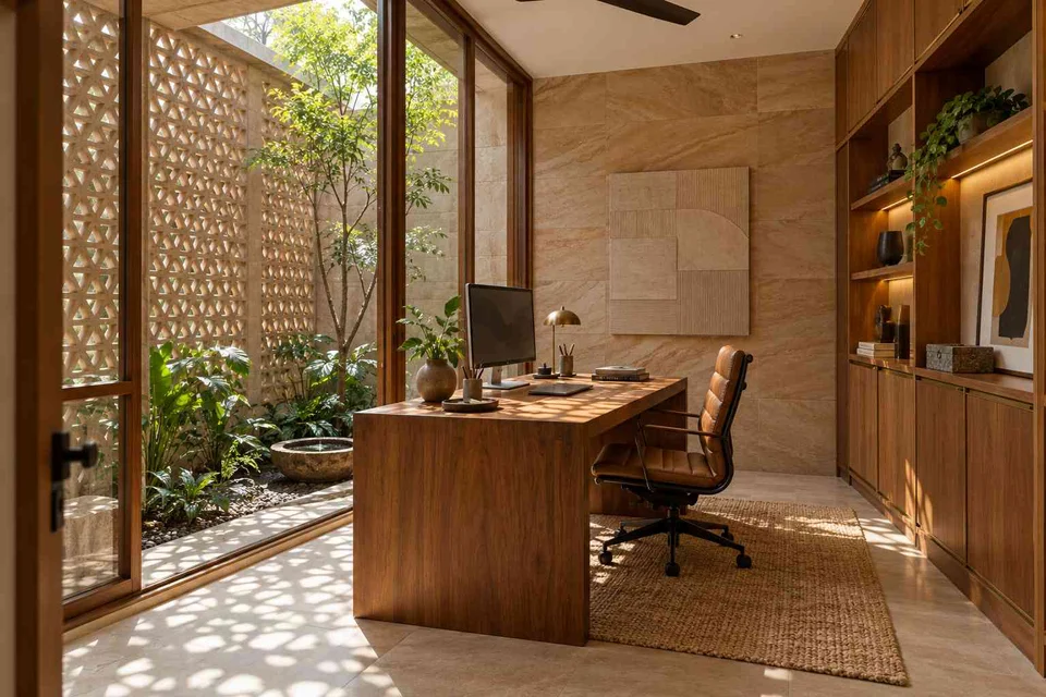 AI-generated home office concept: courtyard home office, sandstone lattice direction