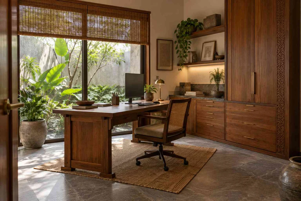 AI-generated home office concept: courtyard home office, teak craft direction
