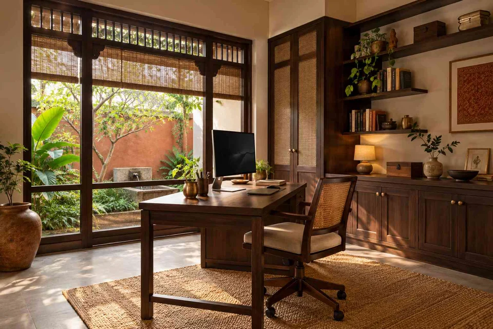 AI-generated home office concept: courtyard home office, terracotta heritage direction