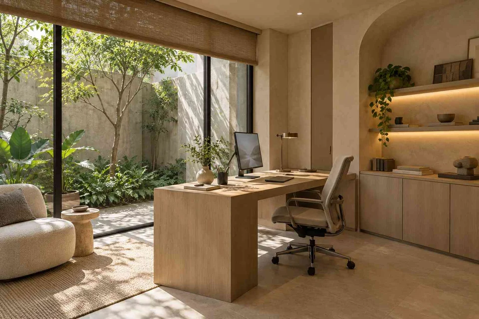 AI-generated home office concept: courtyard home office, textured mineral direction