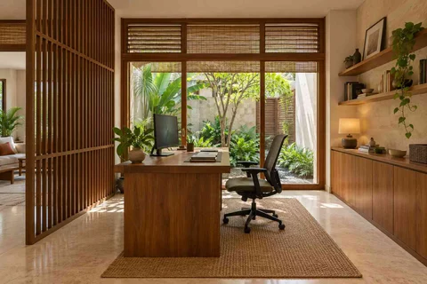 AI-generated home office concept: courtyard home office, tropical slatted direction