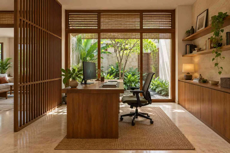 AI-generated home office concept: courtyard home office, tropical slatted direction