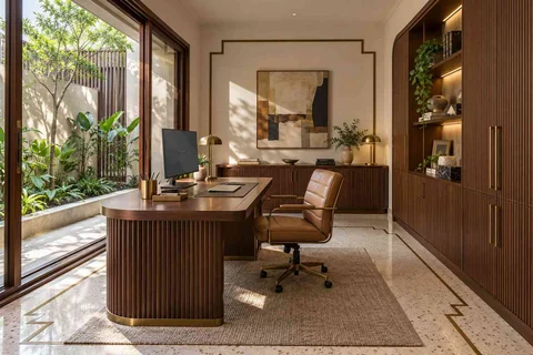 AI-generated home office concept: courtyard home office, urban deco direction