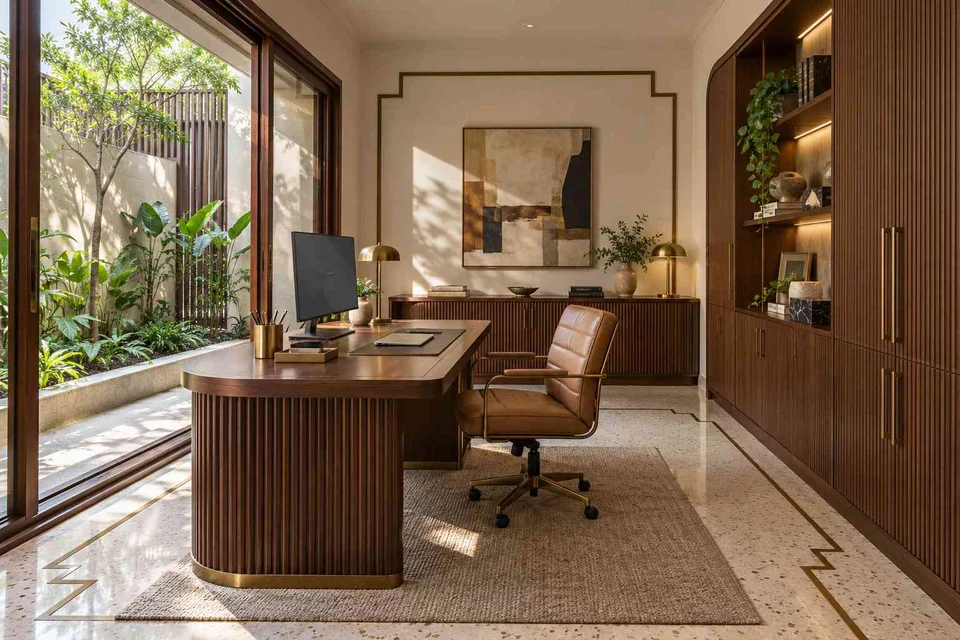 AI-generated home office concept: courtyard home office, urban deco direction