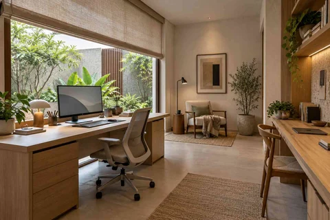 AI-generated home office concept: courtyard office suite, ash and linen direction