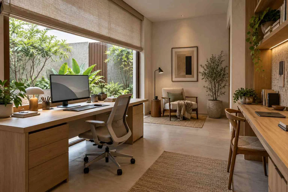 AI-generated home office concept: courtyard office suite, ash and linen direction