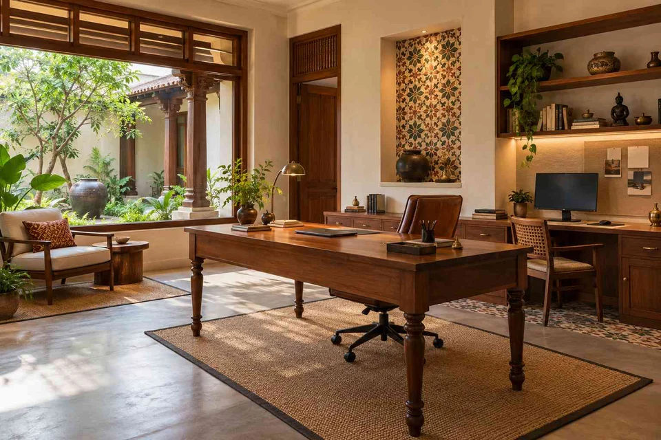 AI-generated home office concept: courtyard office suite, chettinad tile direction