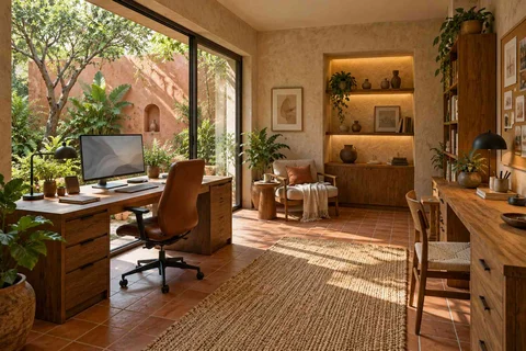 AI-generated home office concept: courtyard office suite, clay artisan direction