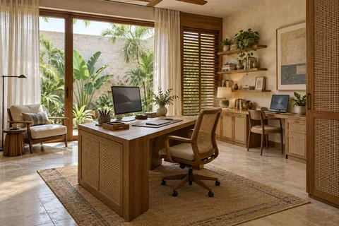AI-generated home office concept: courtyard office suite, coastal woven direction