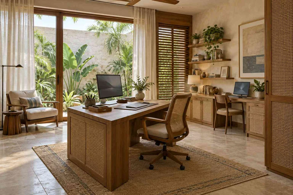 AI-generated home office concept: courtyard office suite, coastal woven direction