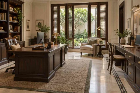 AI-generated home office concept: courtyard office suite, colonial quiet direction