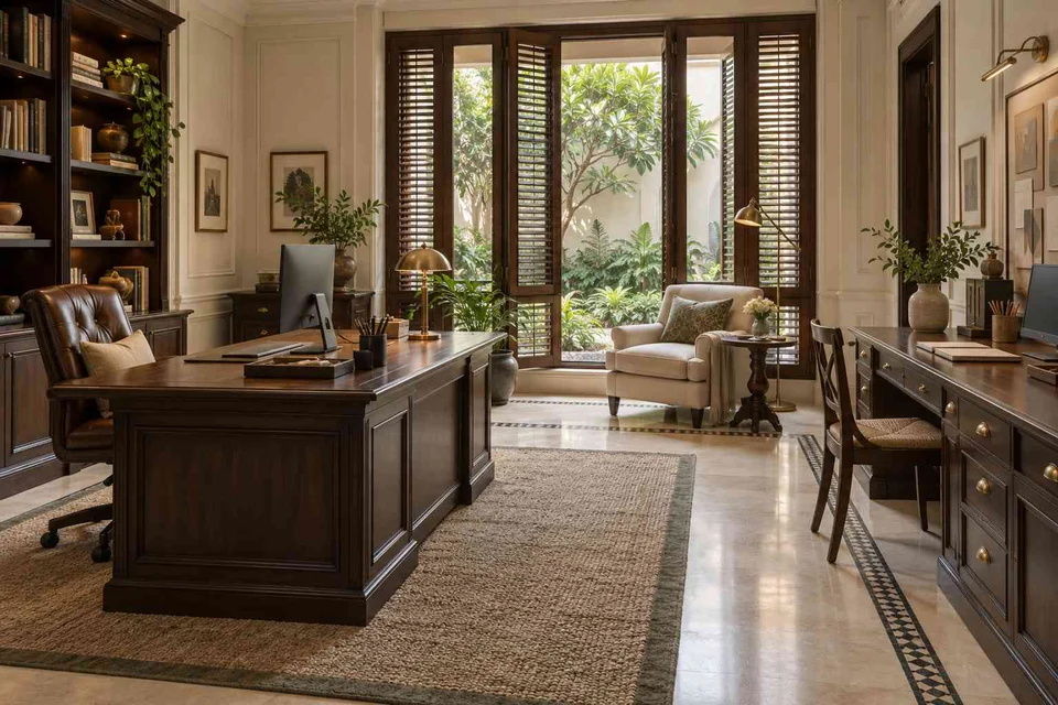 AI-generated home office concept: courtyard office suite, colonial quiet direction
