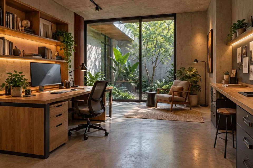 AI-generated home office concept: courtyard office suite, concrete and oak direction