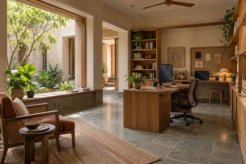AI-generated home office concept: courtyard office suite, courtyard modern direction