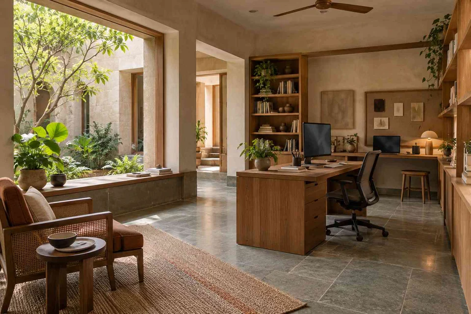 AI-generated home office concept: courtyard office suite, courtyard modern direction