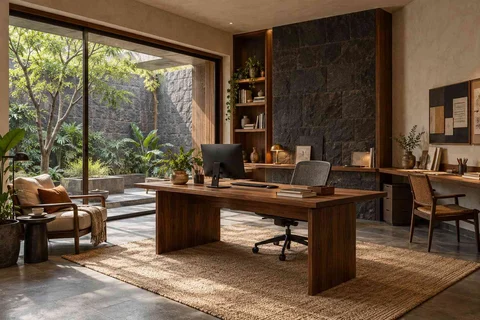 AI-generated home office concept: courtyard office suite, deccan stone direction