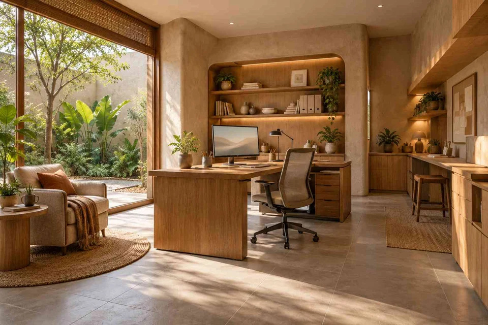 AI-generated home office concept: courtyard office suite, earth and bamboo direction