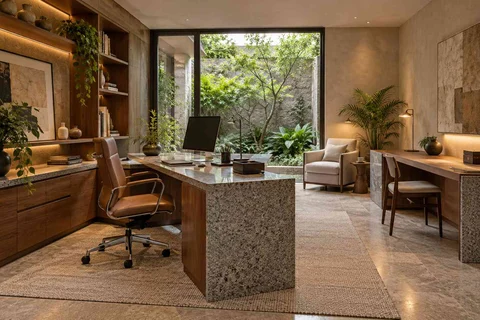AI-generated home office concept: courtyard office suite, granite precision direction