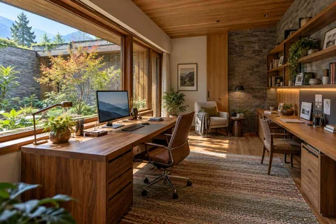 AI-generated home office concept: courtyard office suite, hill timber direction