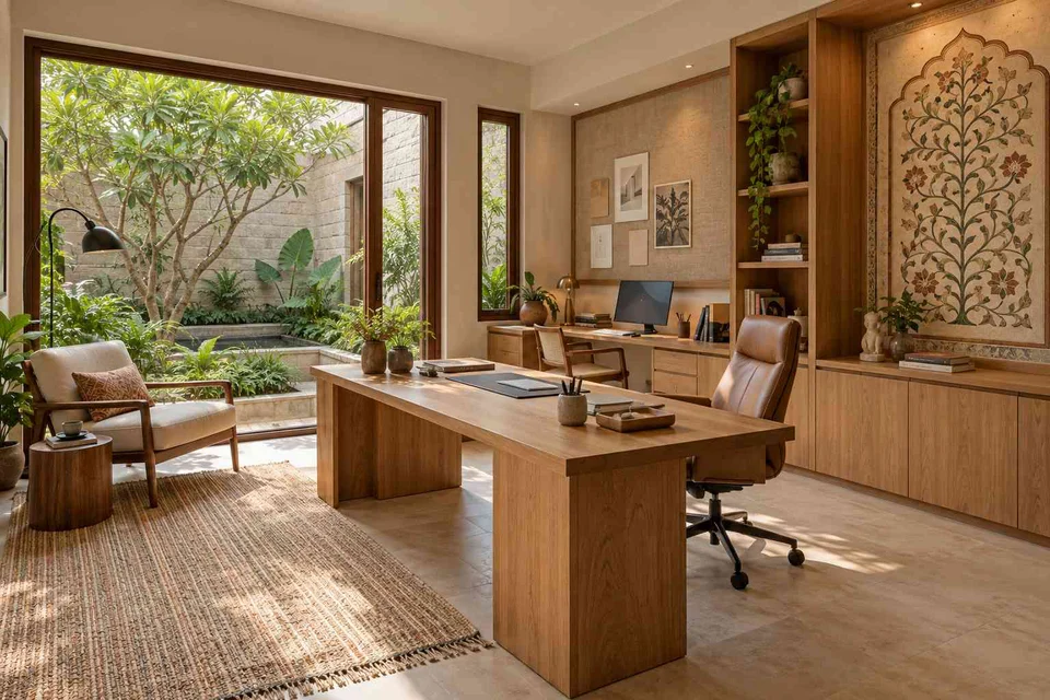 AI-generated home office concept: courtyard office suite, inlay atelier direction