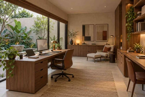 AI-generated home office concept: courtyard office suite, lime and walnut direction