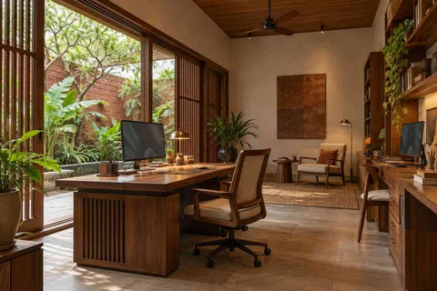AI-generated home office concept: courtyard office suite, malabar timber direction