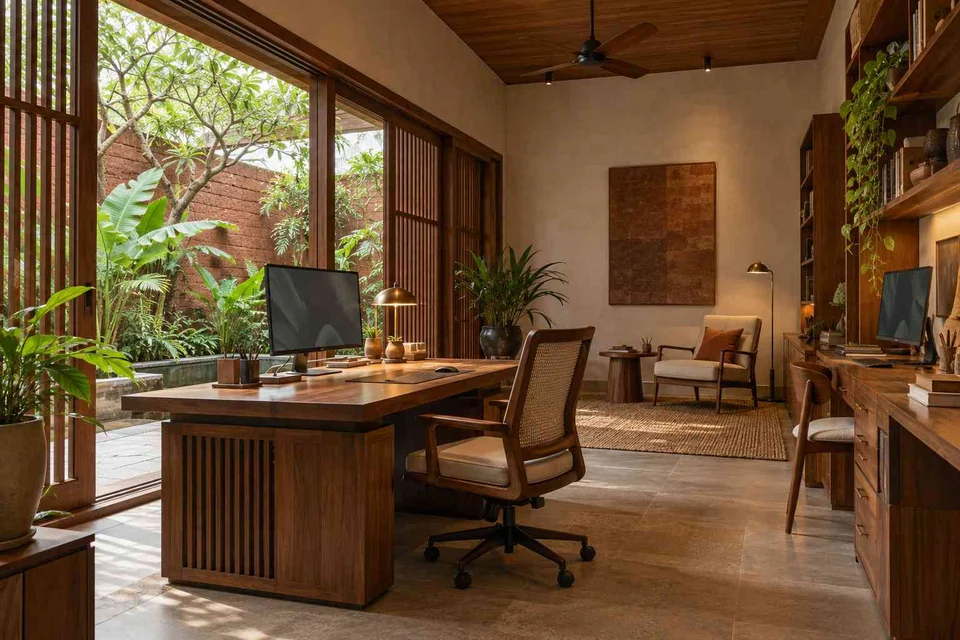 AI-generated home office concept: courtyard office suite, malabar timber direction