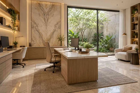 AI-generated home office concept: courtyard office suite, marble restraint direction