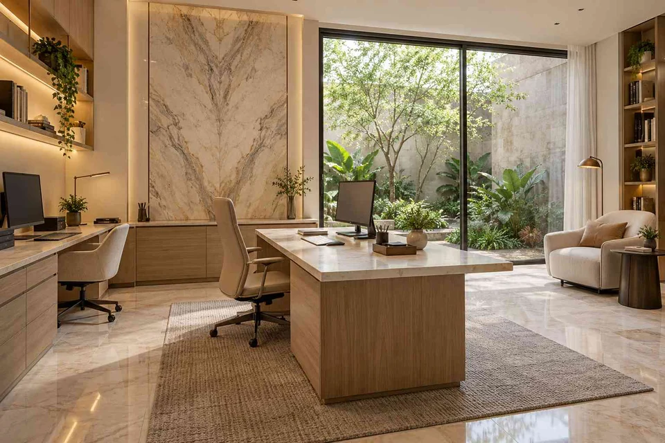 AI-generated home office concept: courtyard office suite, marble restraint direction
