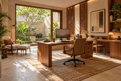 AI-generated home office concept: courtyard office suite, modern carved direction