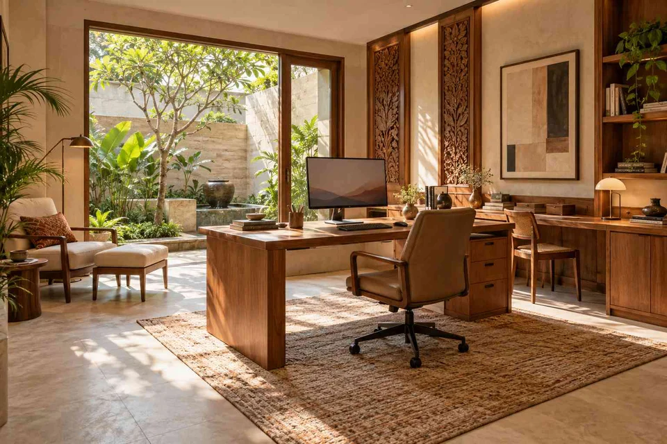 AI-generated home office concept: courtyard office suite, modern carved direction