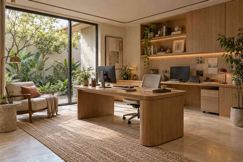 AI-generated home office concept: courtyard office suite, quiet contemporary direction