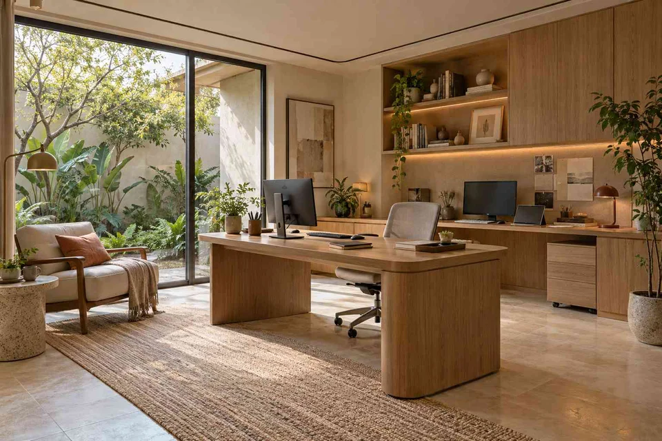 AI-generated home office concept: courtyard office suite, quiet contemporary direction